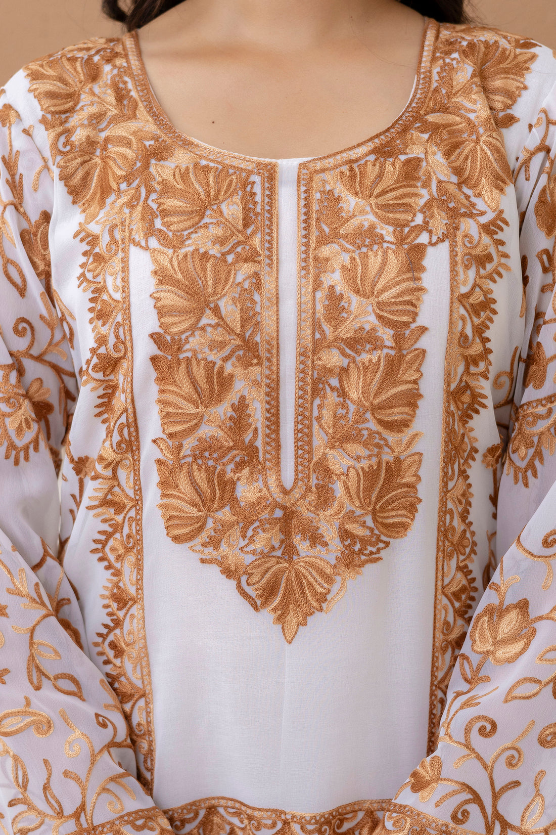 TOK Aari Embroidered Georgette Women's Long Kurta - White