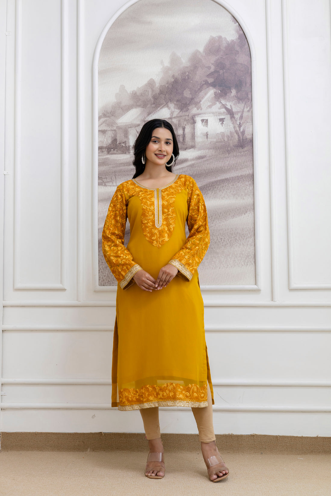 TOK Aari Embroidered Georgette Women's Long Kurta - Mustard