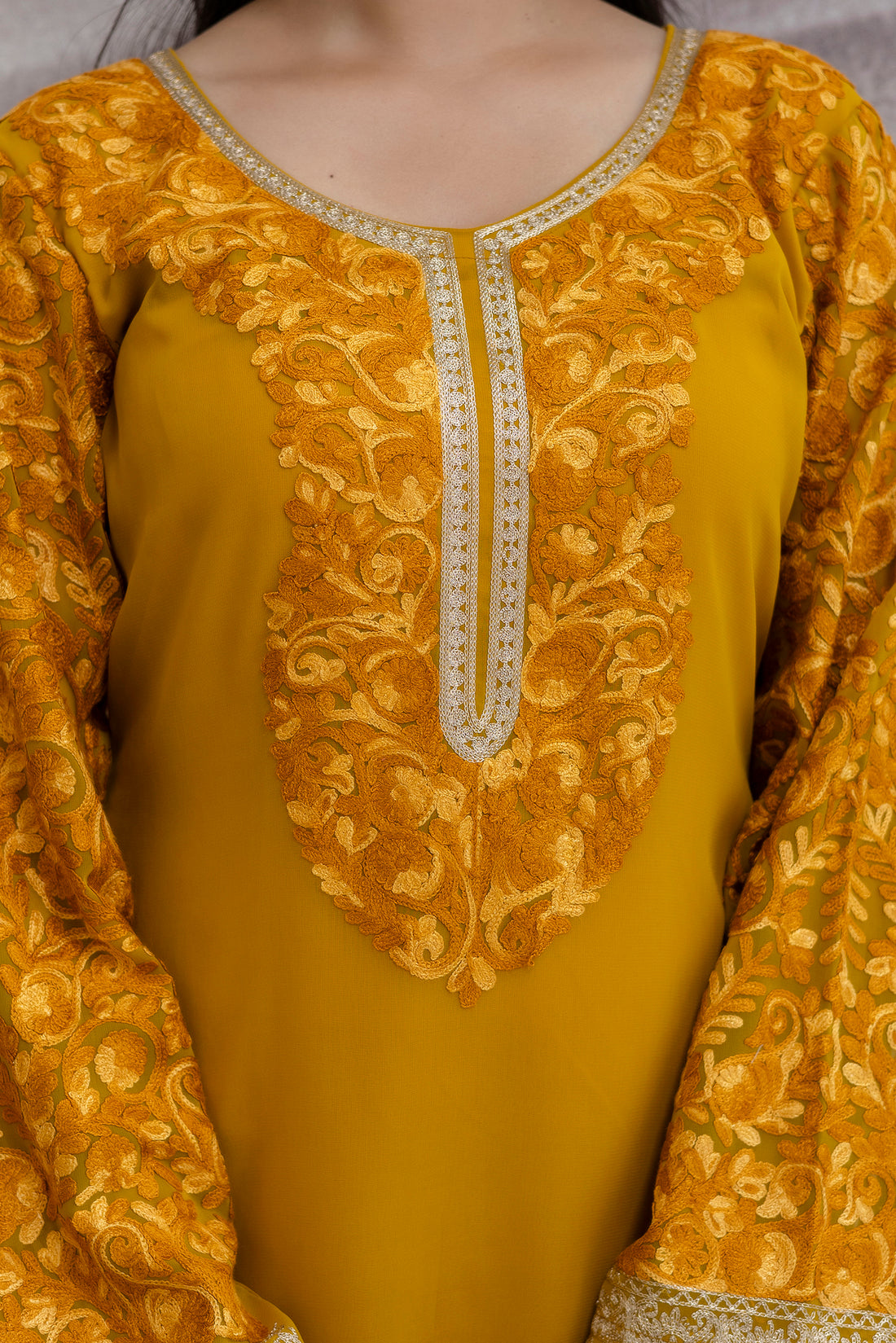 TOK Aari Embroidered Georgette Women's Long Kurta - Mustard