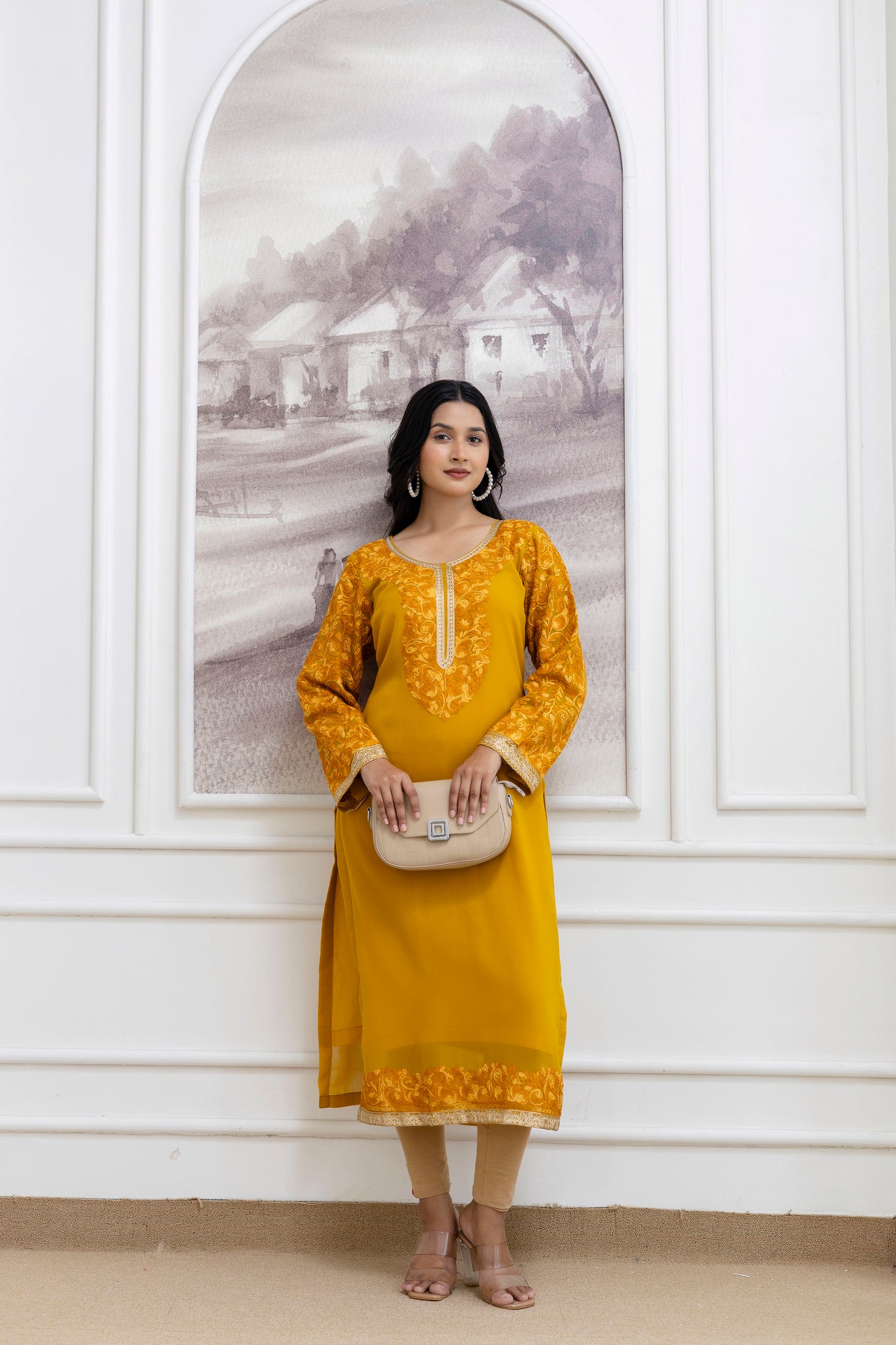 TOK Aari Embroidered Georgette Women's Long Kurta - Mustard