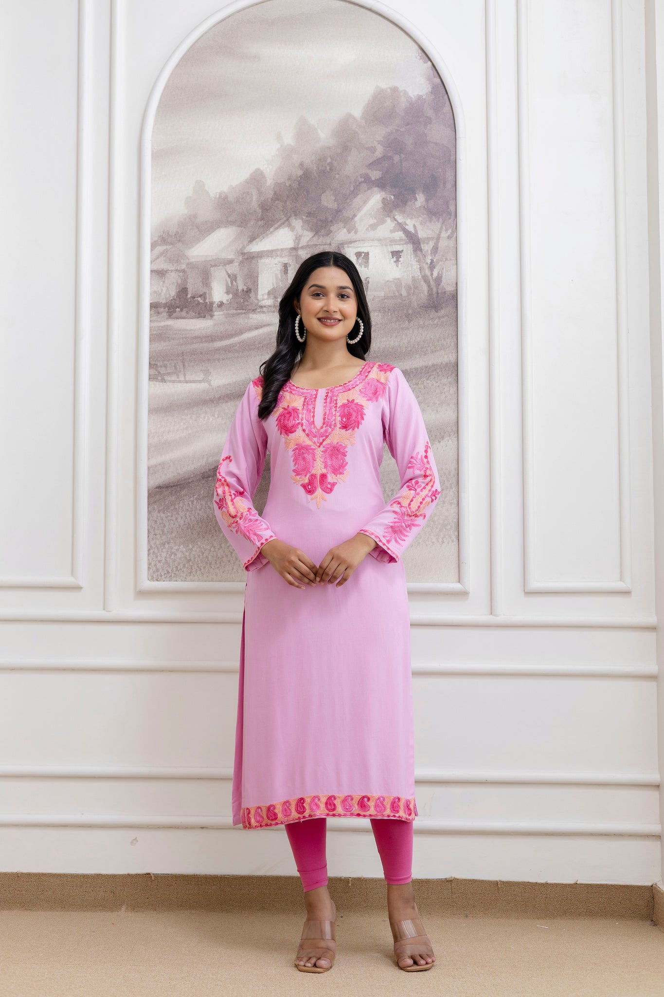 TOK Aari Embroidered Cotton Solid Women's Long Kurta - Pastel Pink