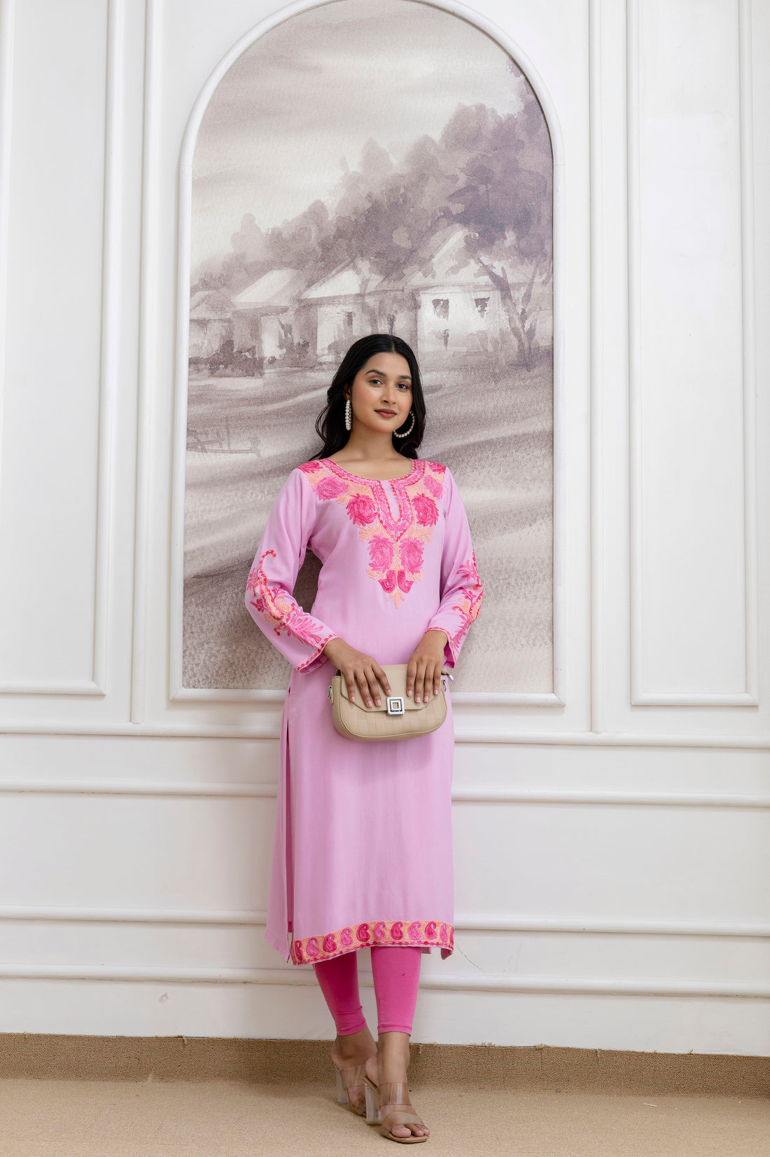 TOK Aari Embroidered Cotton Solid Women's Long Kurta - Pastel Pink