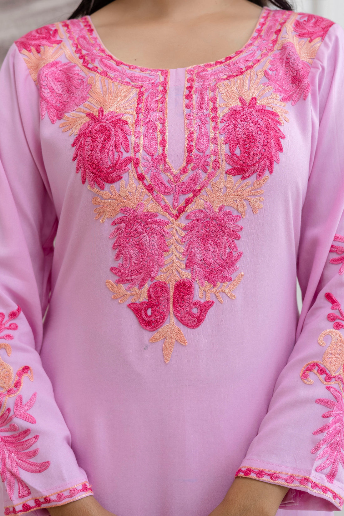 TOK Aari Embroidered Cotton Solid Women's Long Kurta - Pastel Pink