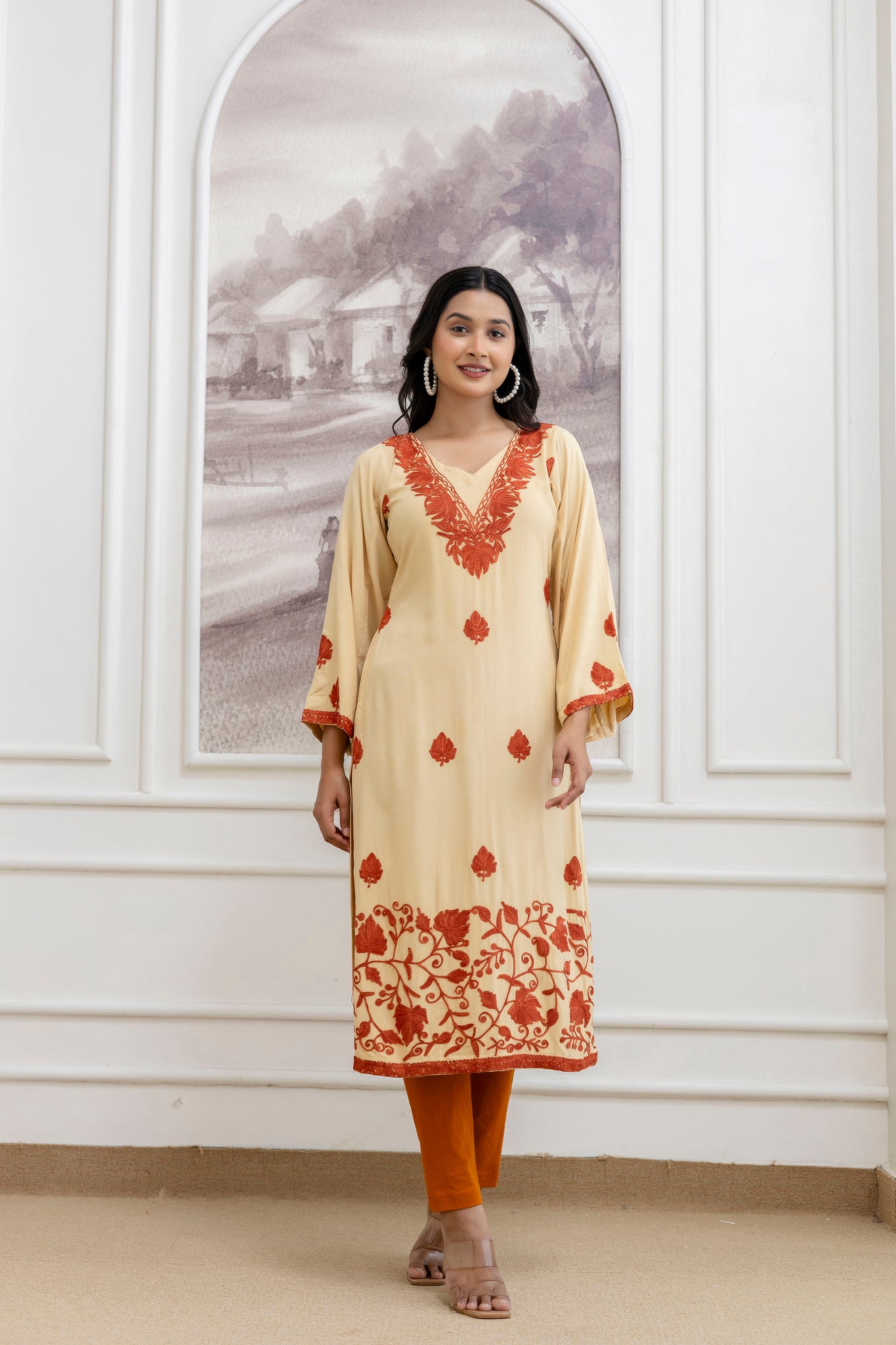 TOK Aari Embroidered Cotton Solid Women's Long Kurta - Golden