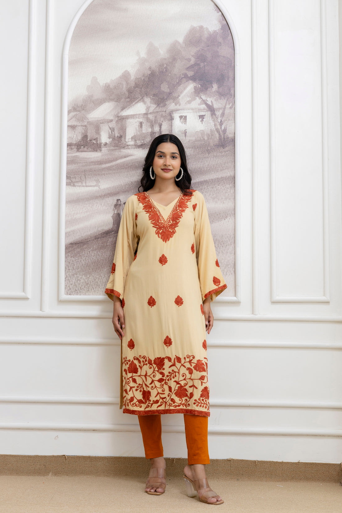 TOK Aari Embroidered Cotton Solid Women's Long Kurta - Golden