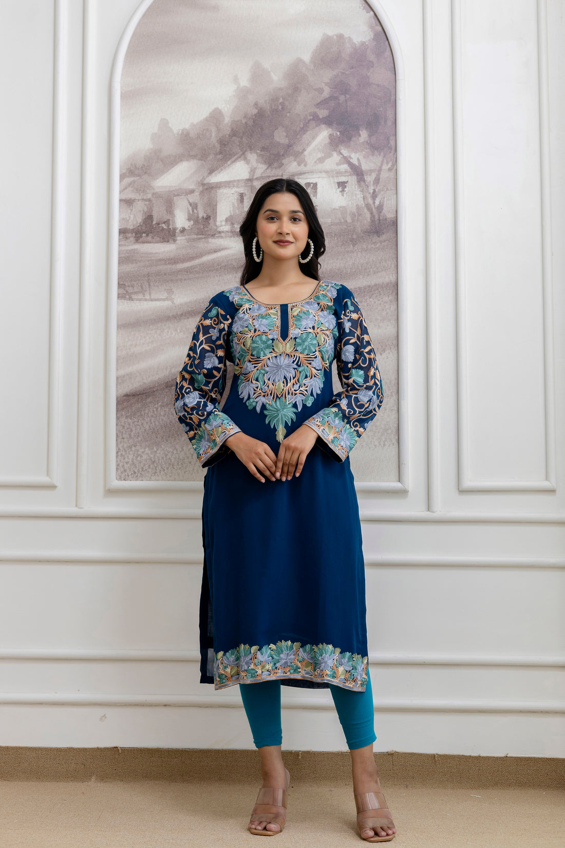 TOK Aari Embroidered Georgette Women's Long Kurta - Blue