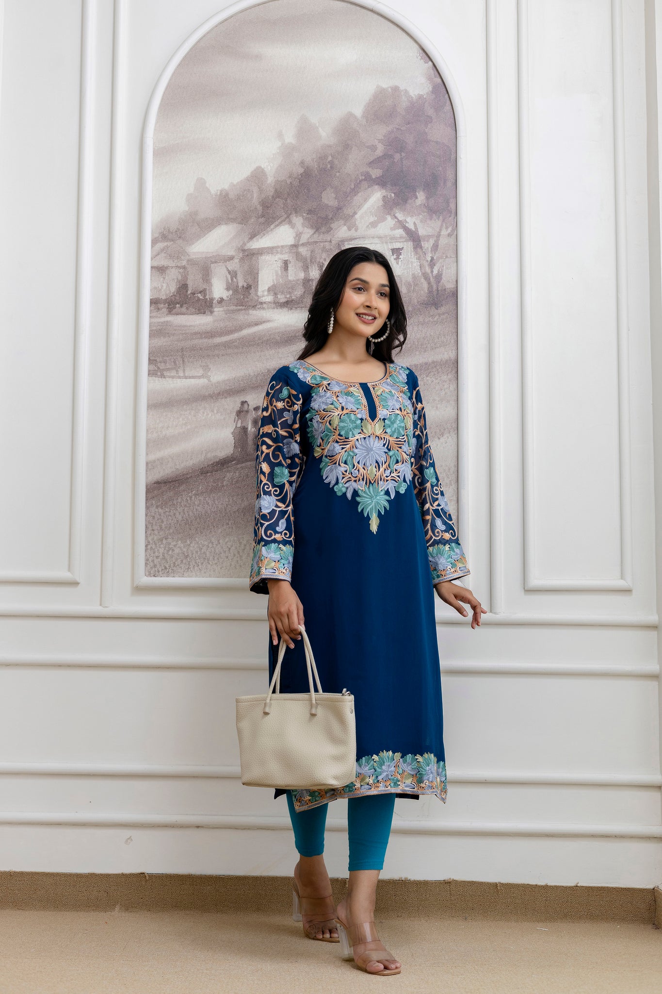 TOK Aari Embroidered Georgette Women's Long Kurta - Blue