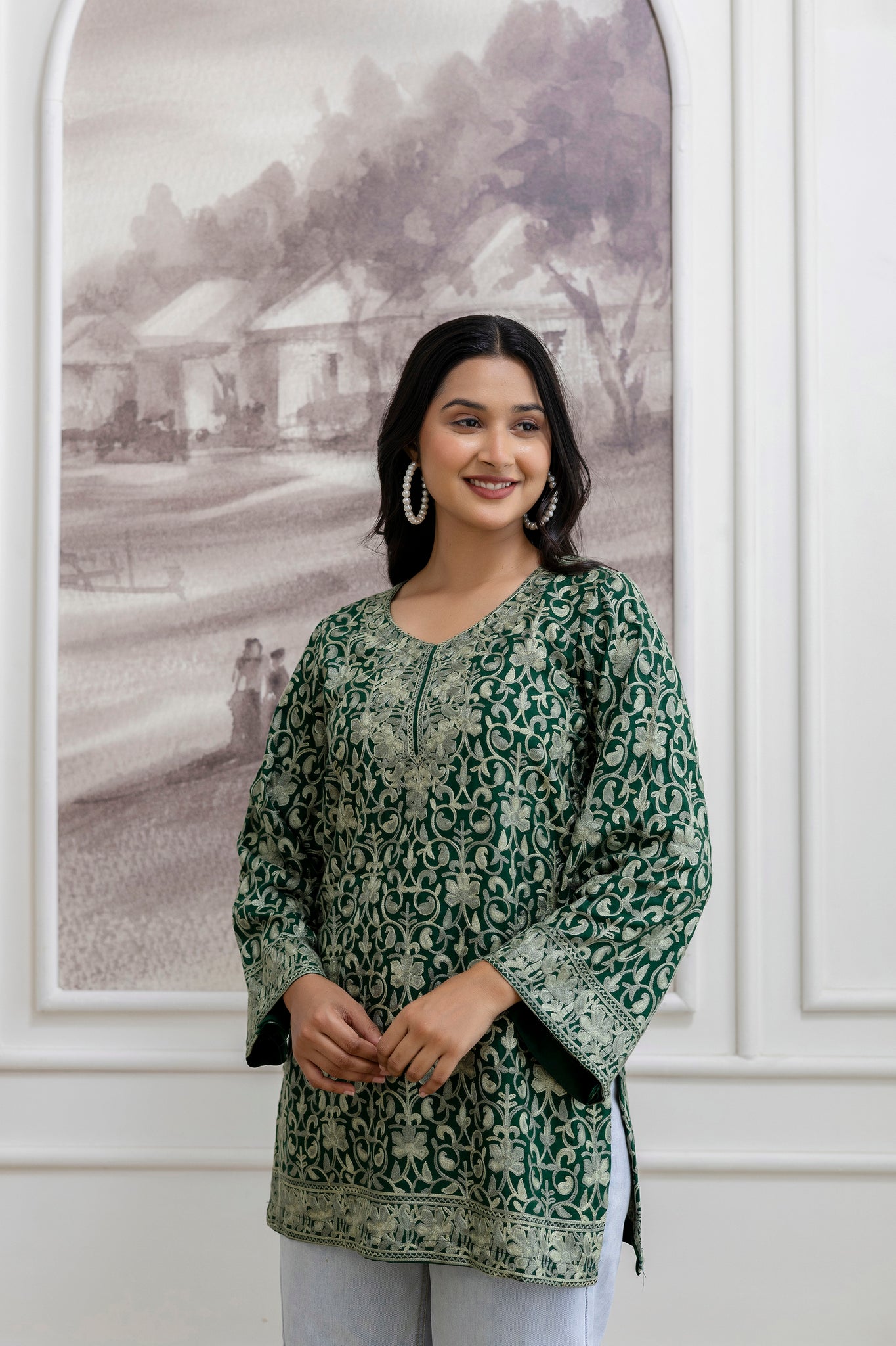 TOK Aari Embroidered Cotton Solid Women's Short Kurta - Dark Green