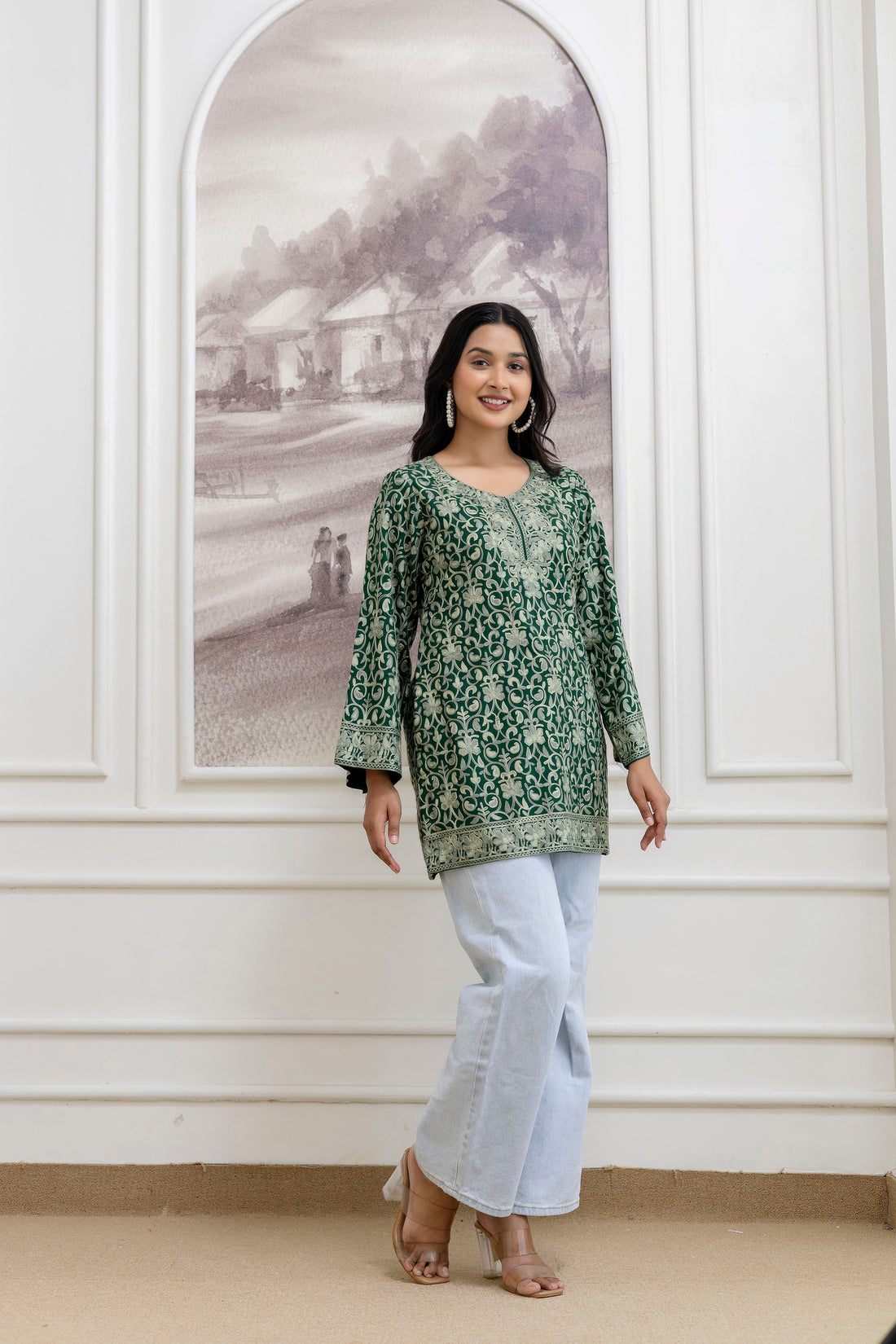 TOK Aari Embroidered Cotton Solid Women's Short Kurta - Dark Green
