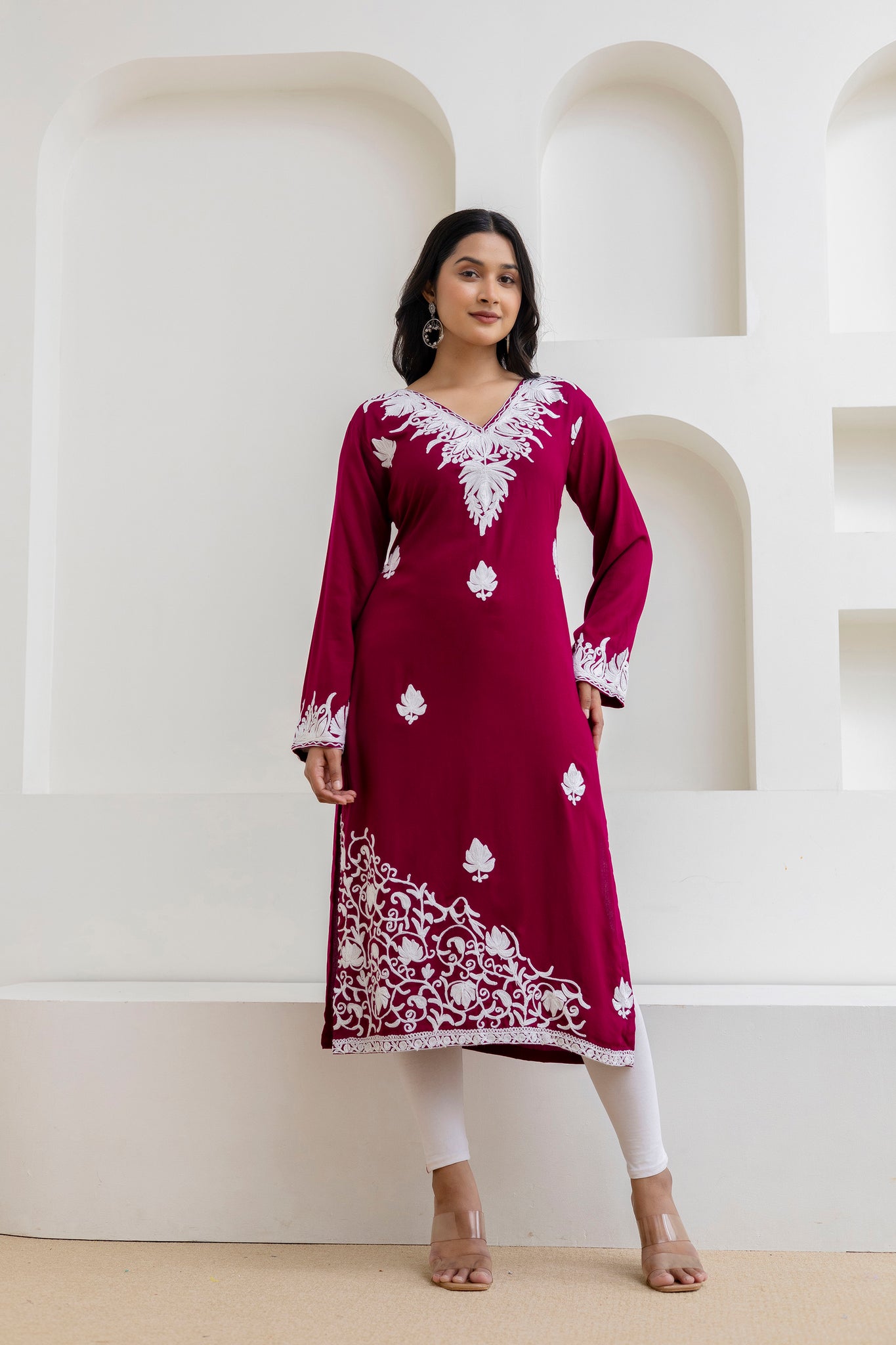 TOK Aari Embroidered Cotton Solid Women's Long Kurta - Magenta