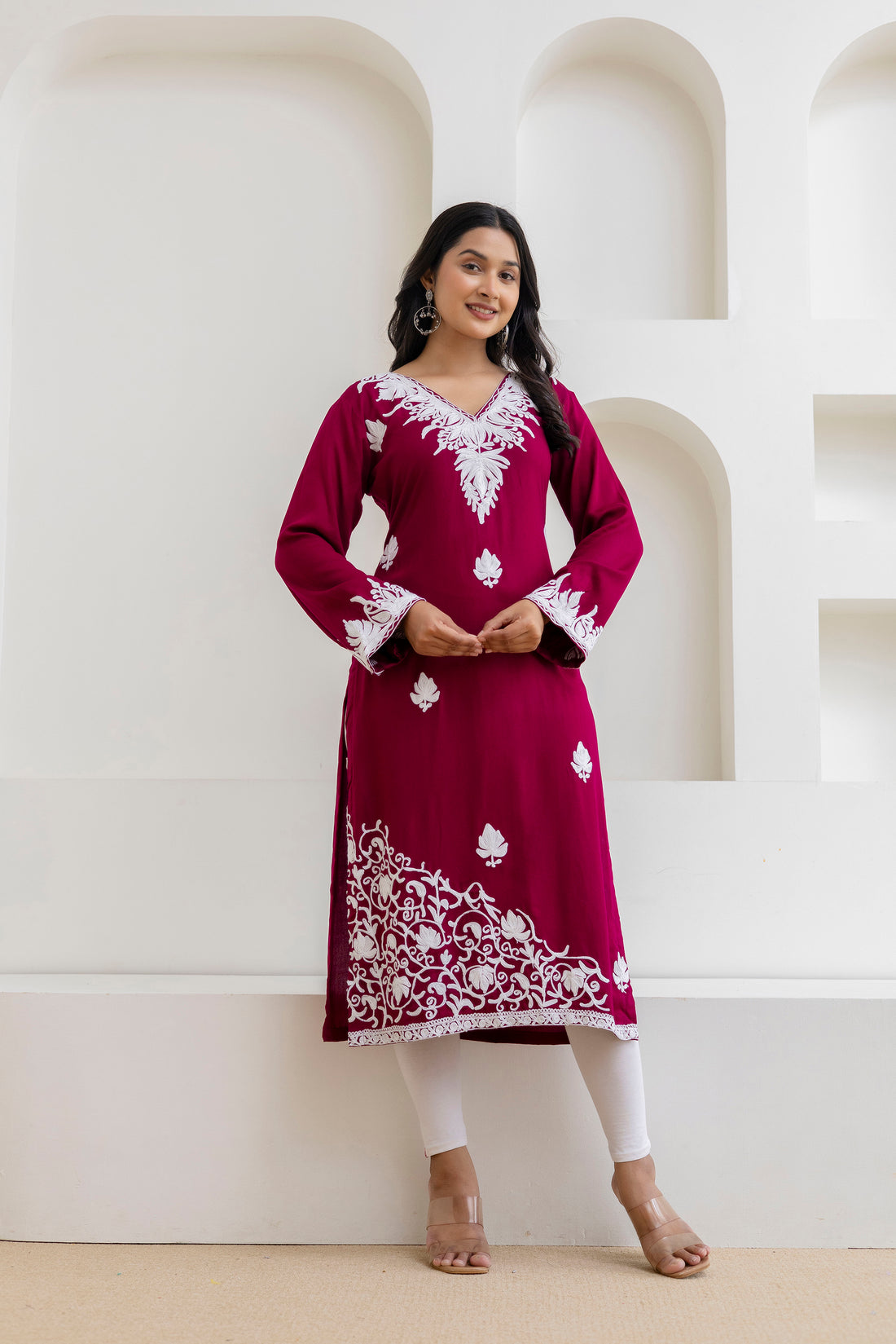 TOK Aari Embroidered Cotton Solid Women's Long Kurta - Magenta
