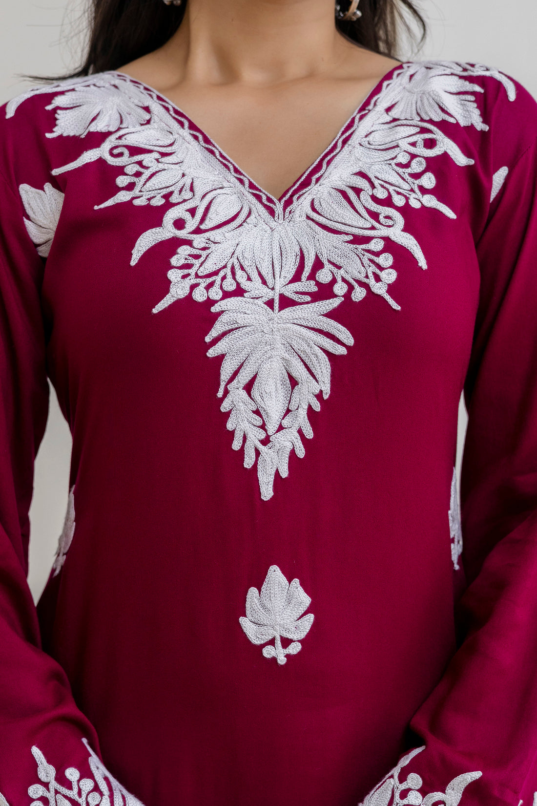 TOK Aari Embroidered Cotton Solid Women's Long Kurta - Magenta