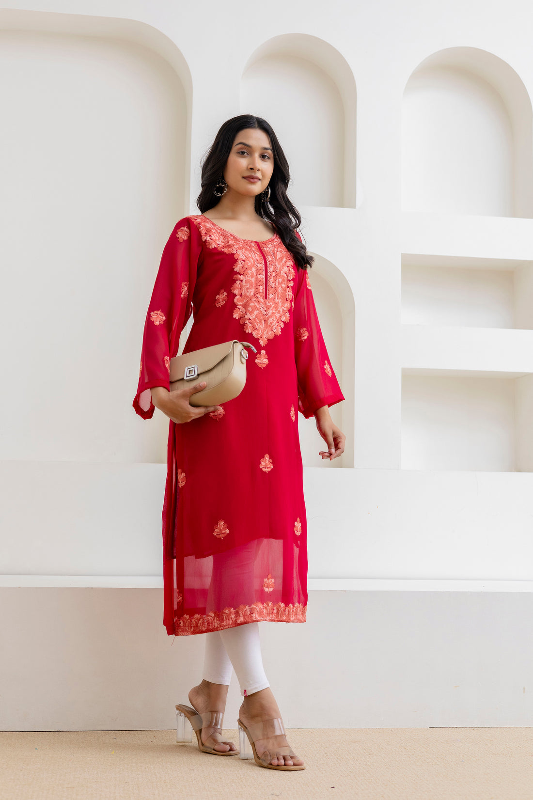 TOK Aari Embroidered Georgette Women's Long Kurta - Maroon