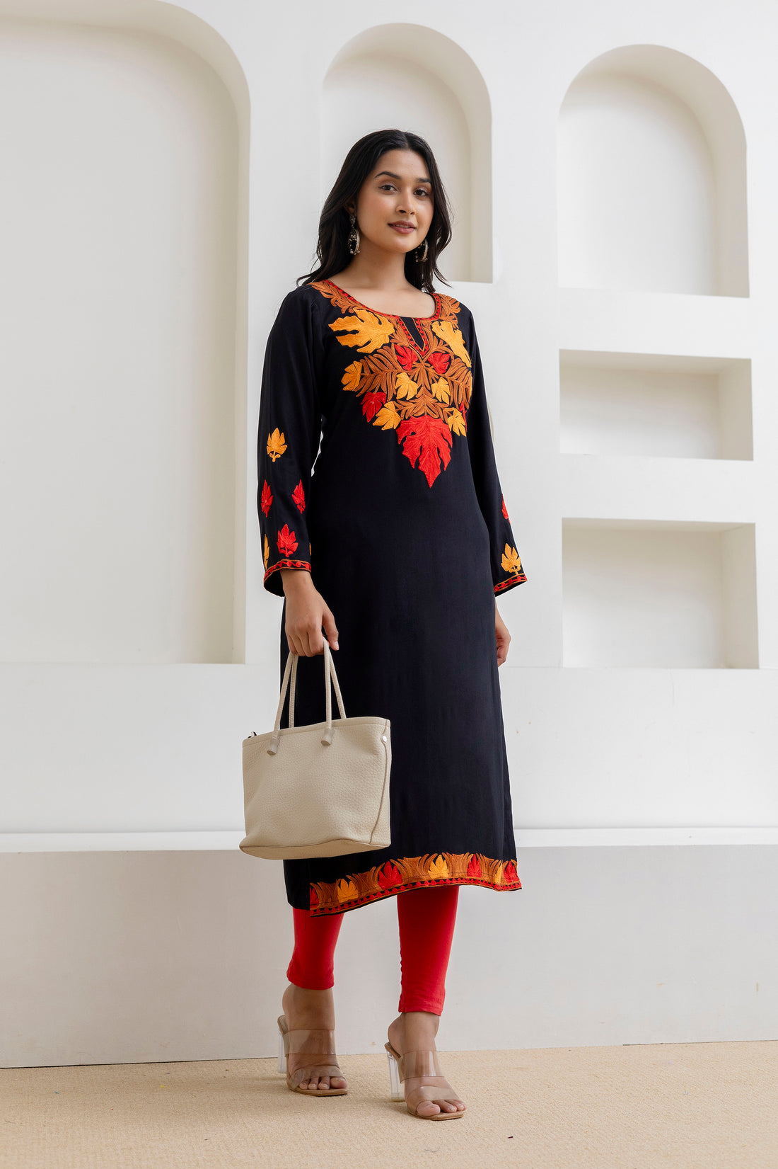 Black Cotton Kurti with Multi-hued Floral Aari Embroidery