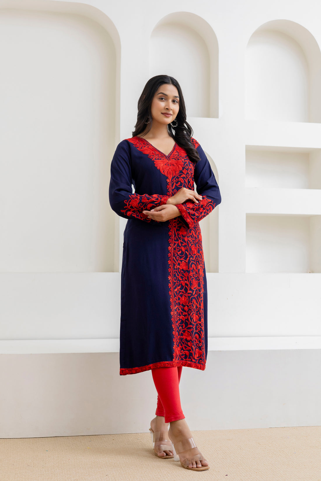 TOK Aari Embroidered Cotton Solid Women's Long Kurta - Navy Blue