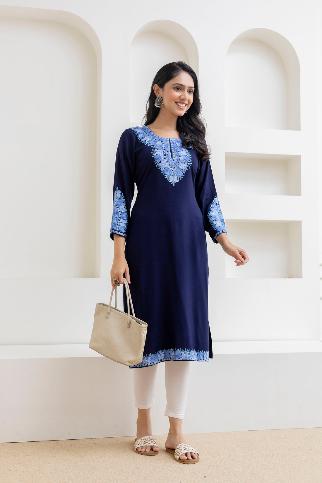 Navy Blue Cotton Kashmiri Aari Embroidered Kurti