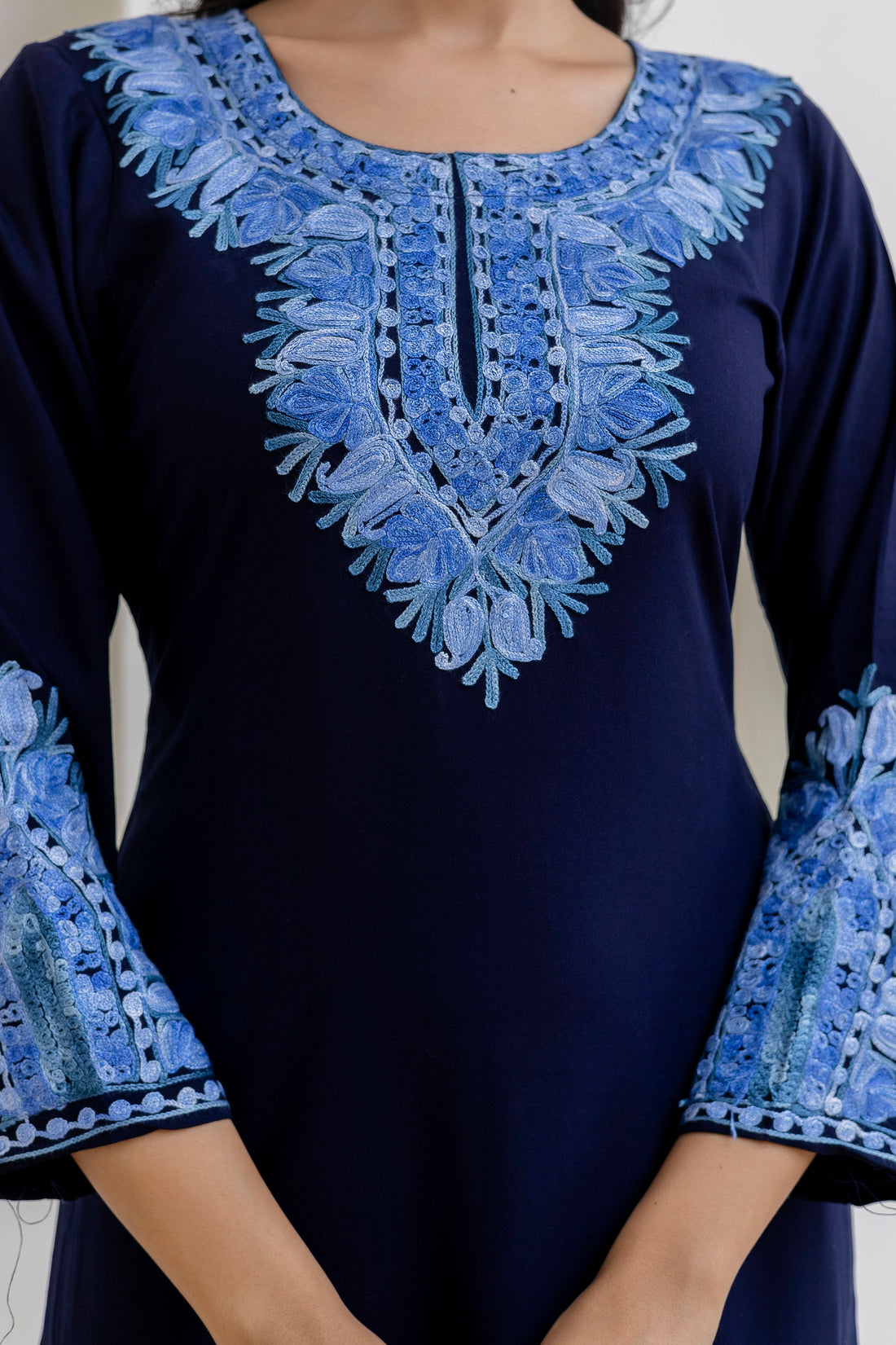 Navy Blue Cotton Kashmiri Aari Embroidered Kurti