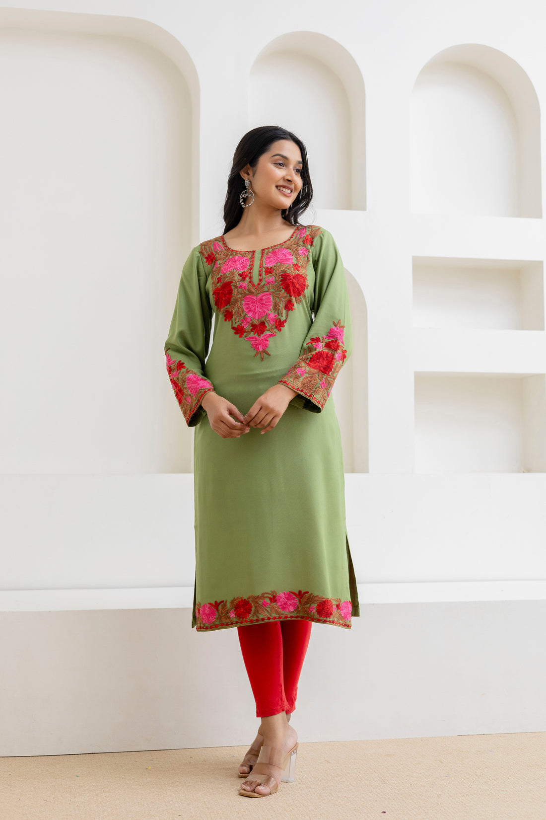Seafoam Green Cotton Kashmiri Aari Embroidered Kurti