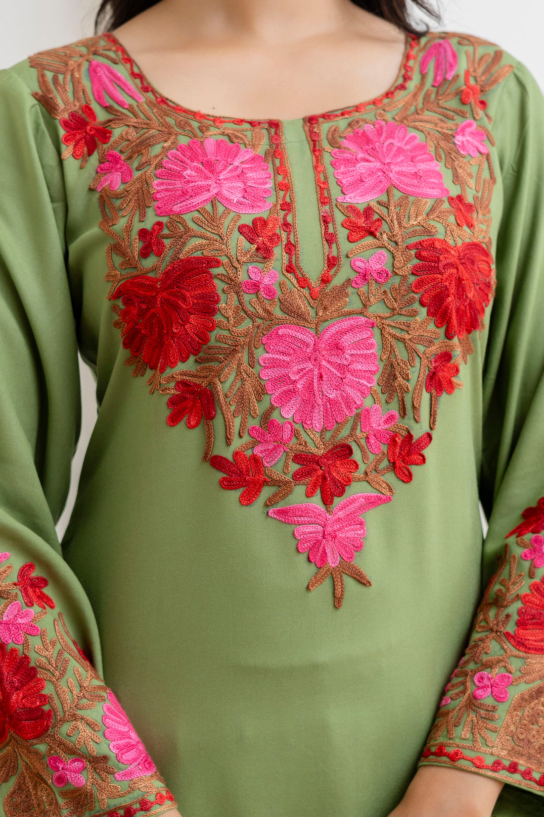 Seafoam Green Cotton Kashmiri Aari Embroidered Kurti