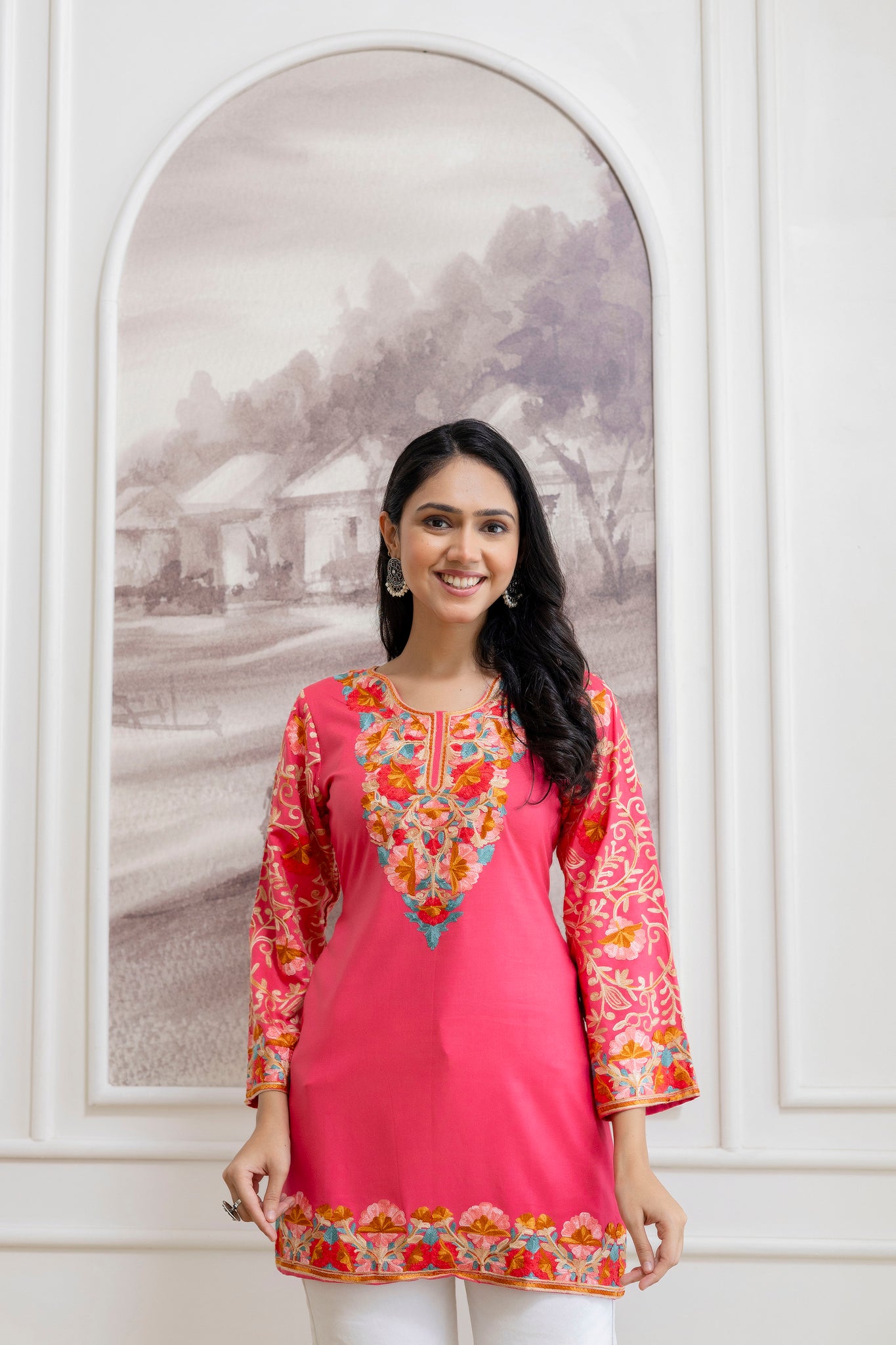 TOK Aari Embroidered Cotton Solid Women's Short Kurta - Pink