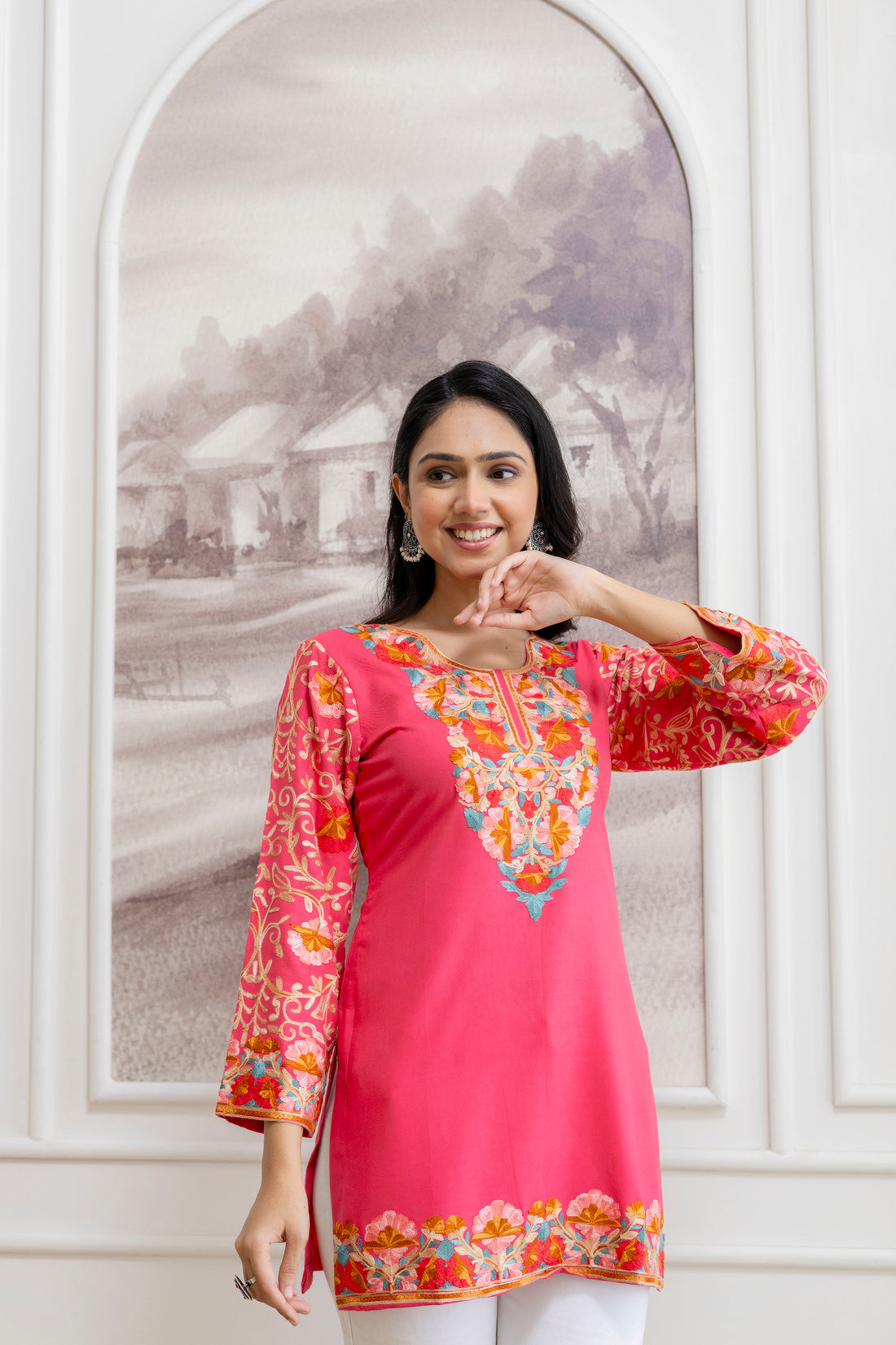TOK Aari Embroidered Cotton Solid Women's Short Kurta - Pink