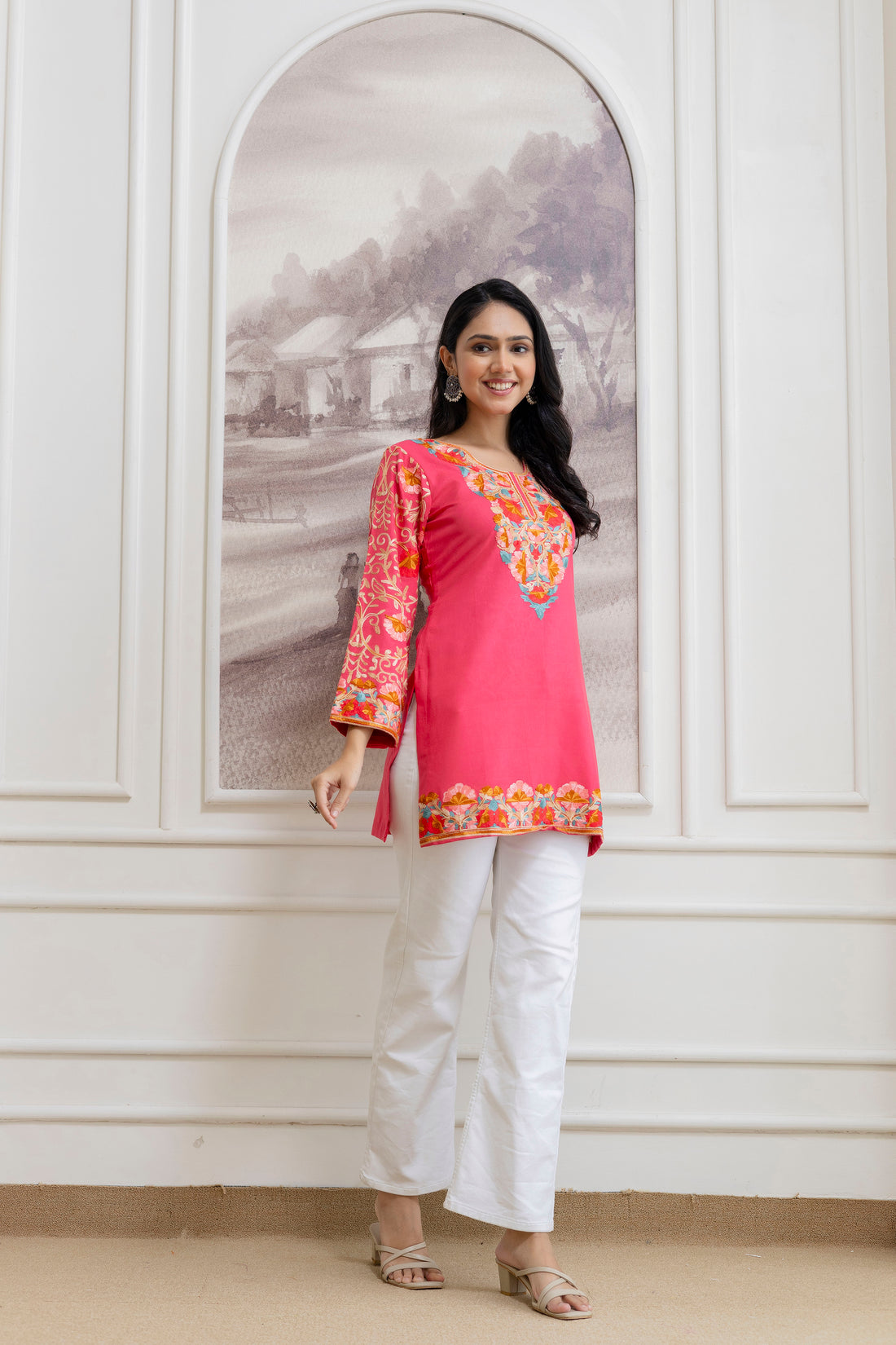 TOK Aari Embroidered Cotton Solid Women's Short Kurta - Pink