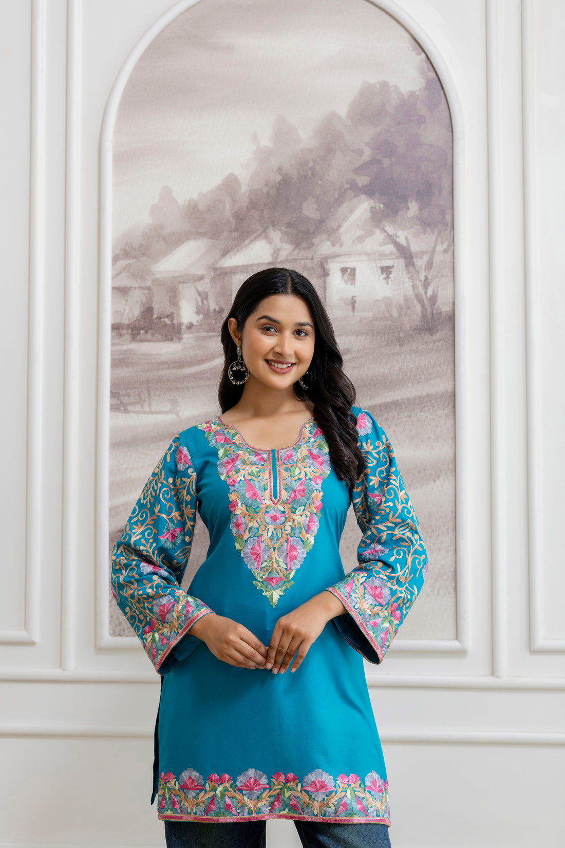 TOK Aari Embroidered Cotton Solid Women's Short Kurta - Light Blue