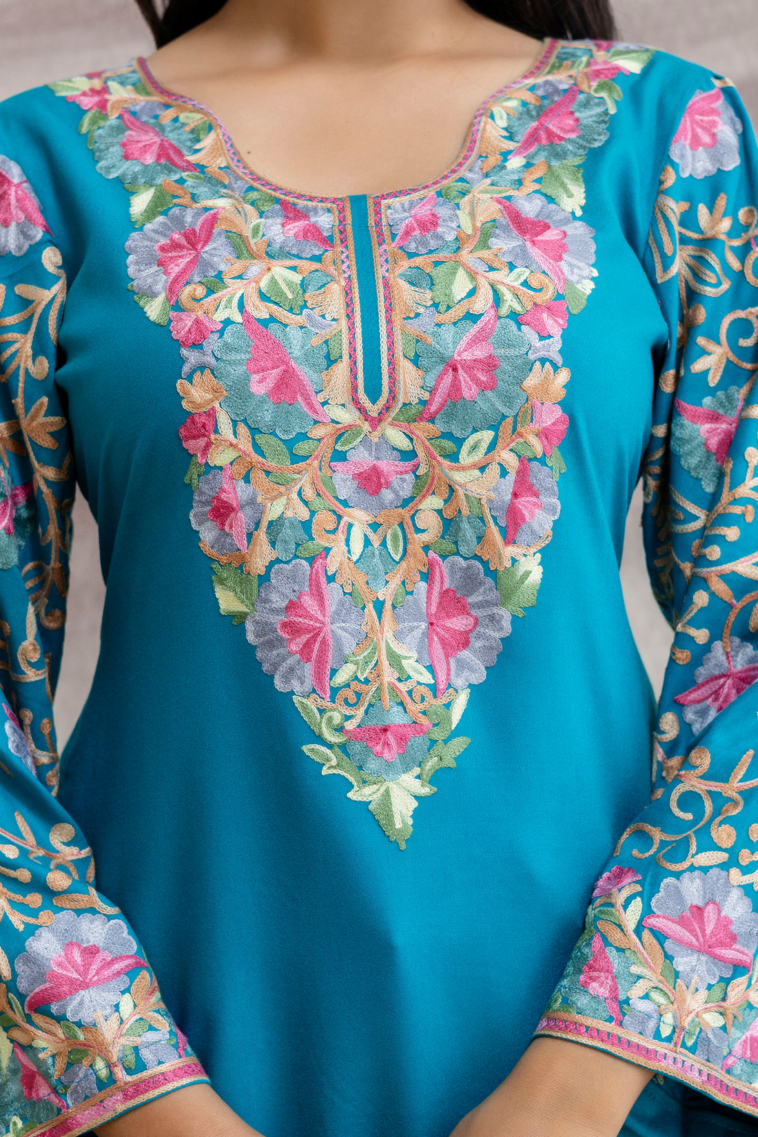 TOK Aari Embroidered Cotton Solid Women's Short Kurta - Light Blue