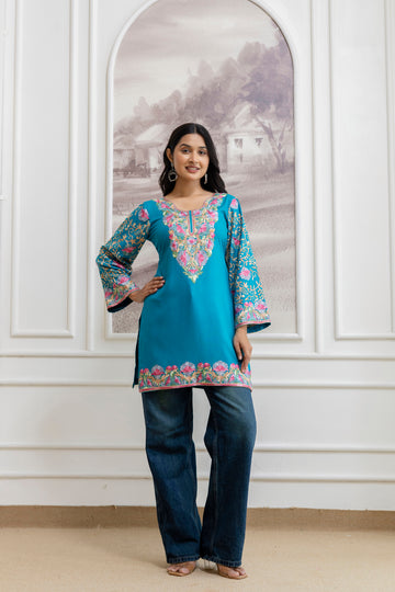 TOK Aari Embroidered Cotton Solid Women's Short Kurta - Light Blue