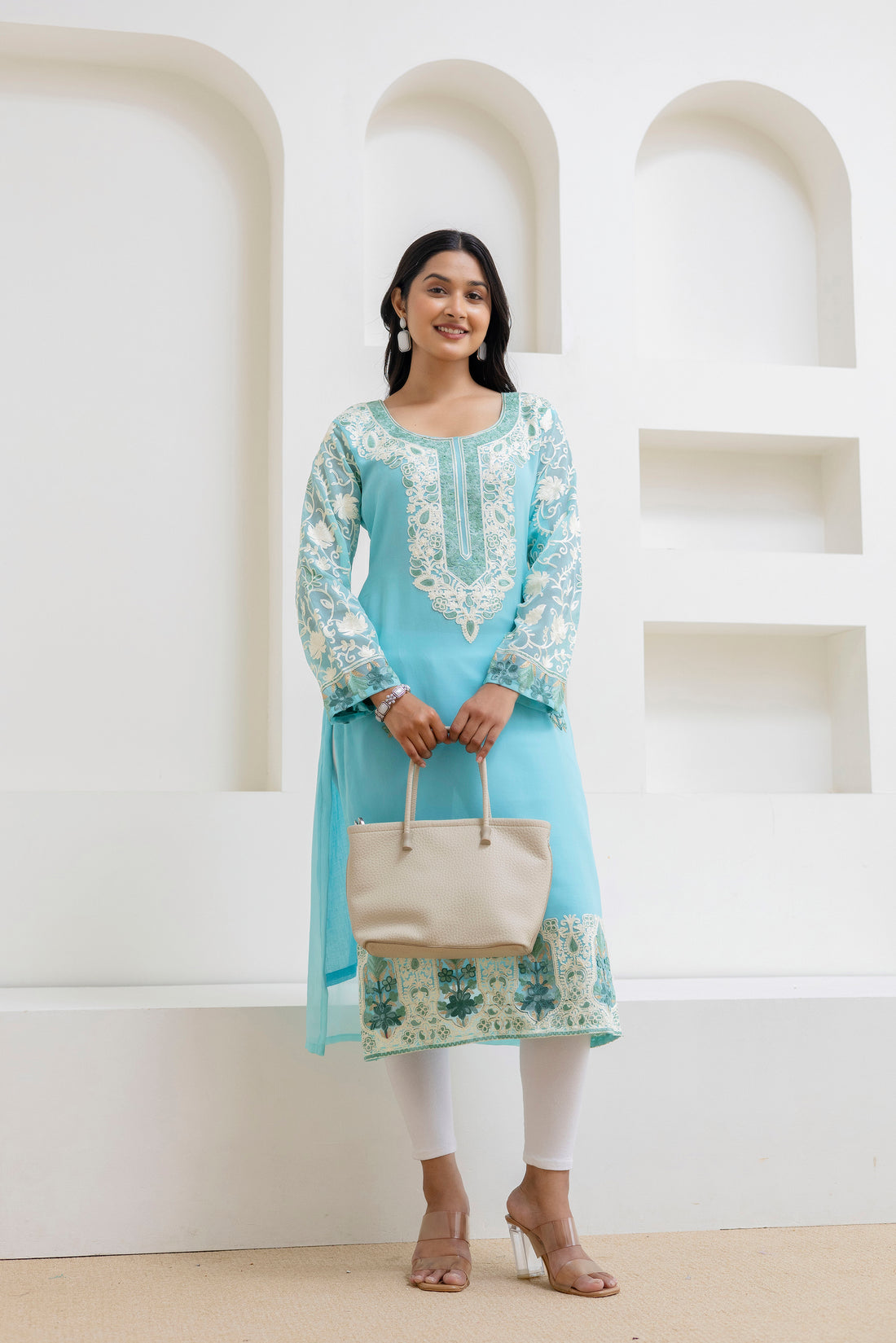 TOK Aari Embroidered Georgette Women's Long Kurta - Ice Blue
