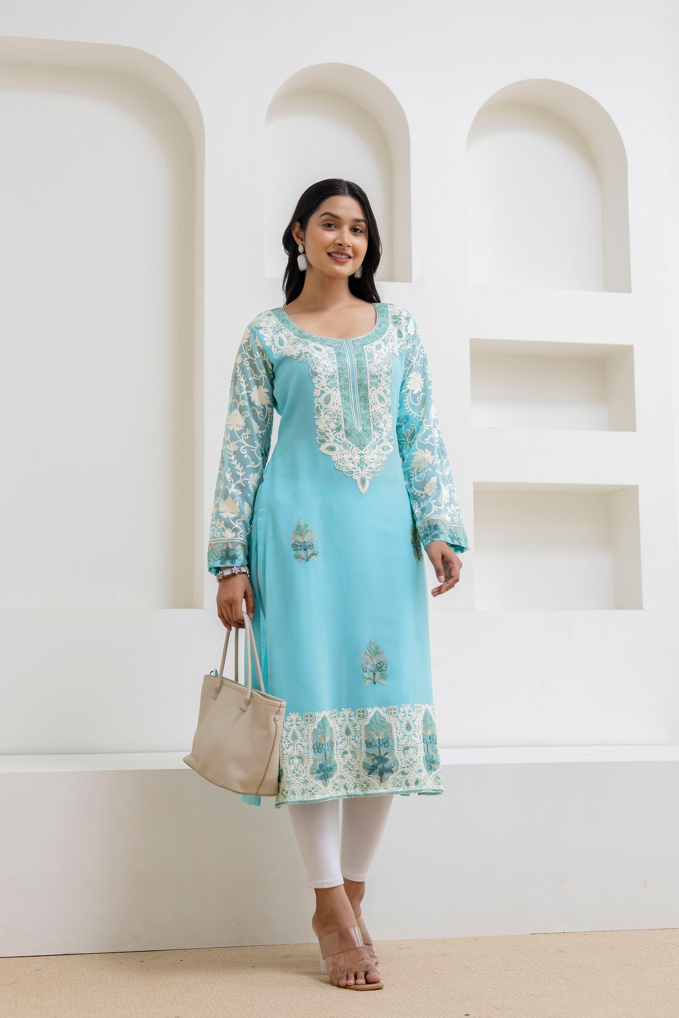 TOK Aari Embroidered Georgette Women's Long Kurta - Ice Blue