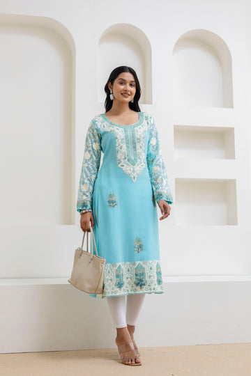 TOK Aari Embroidered Georgette Women's Long Kurta - Ice Blue