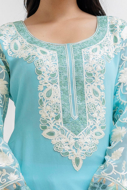 TOK Aari Embroidered Georgette Women's Long Kurta - Ice Blue