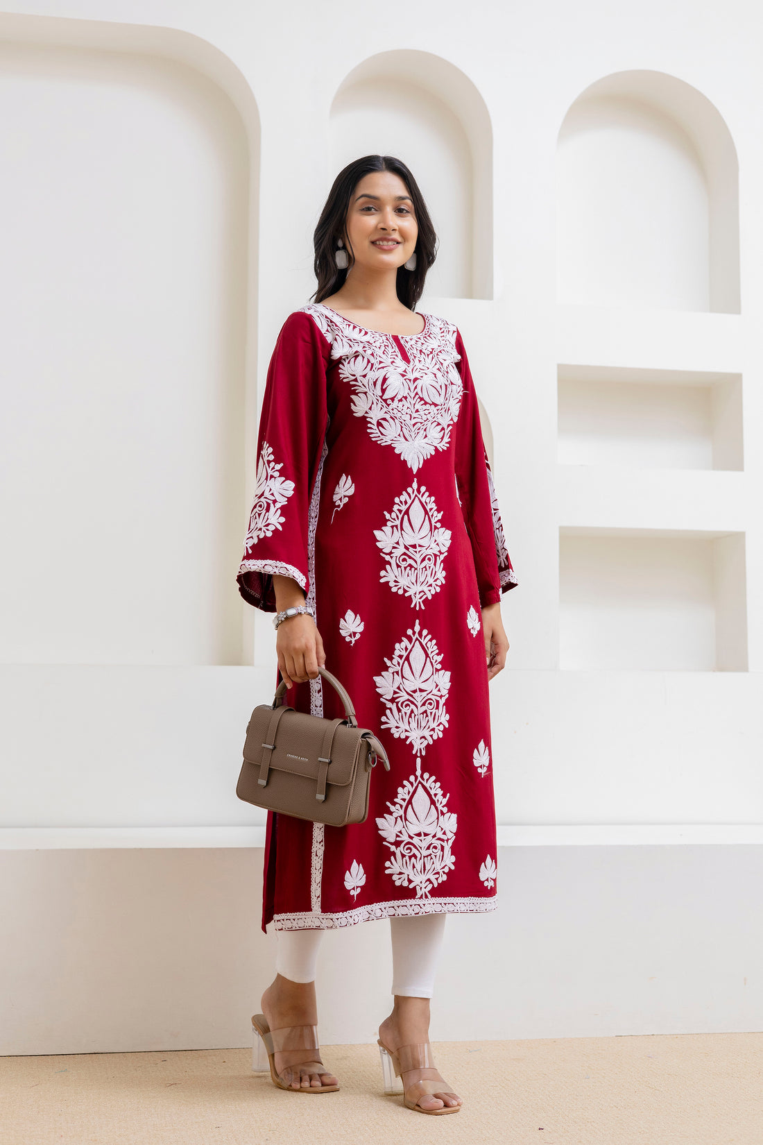 TOK Aari Embroidered Cotton Solid Women's Long Kurta - Maroon