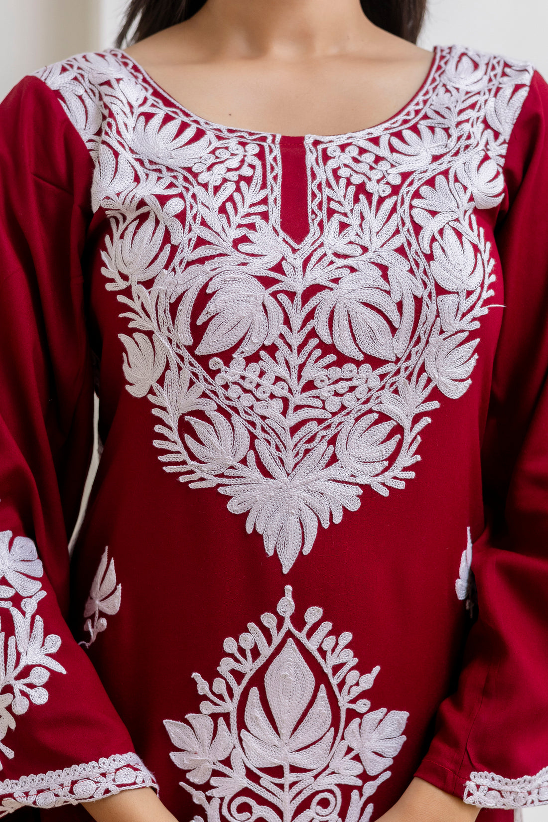 TOK Aari Embroidered Cotton Solid Women's Long Kurta - Maroon
