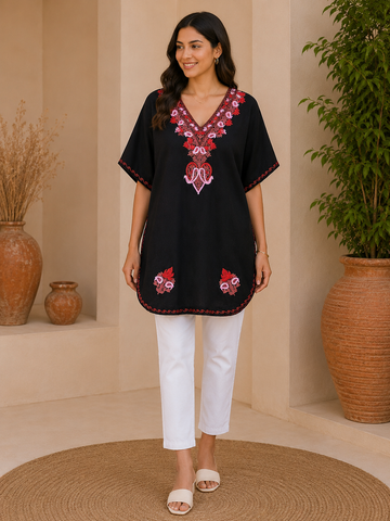 Black Crush Cotton Kaftan – Multicolor Embroidery | All-Purpose Comfort Ethnic Wear Free Size