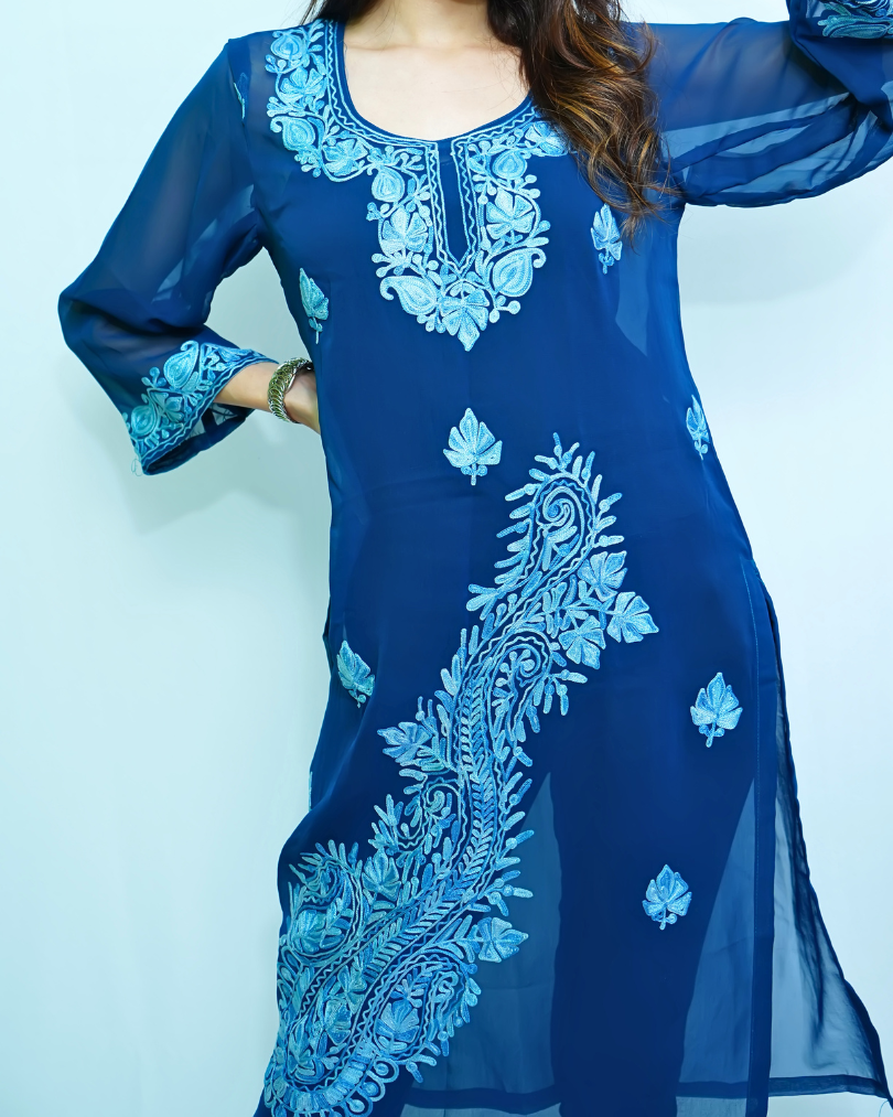 Noor Blue Kashmiri Embroidered Georgette Kurti