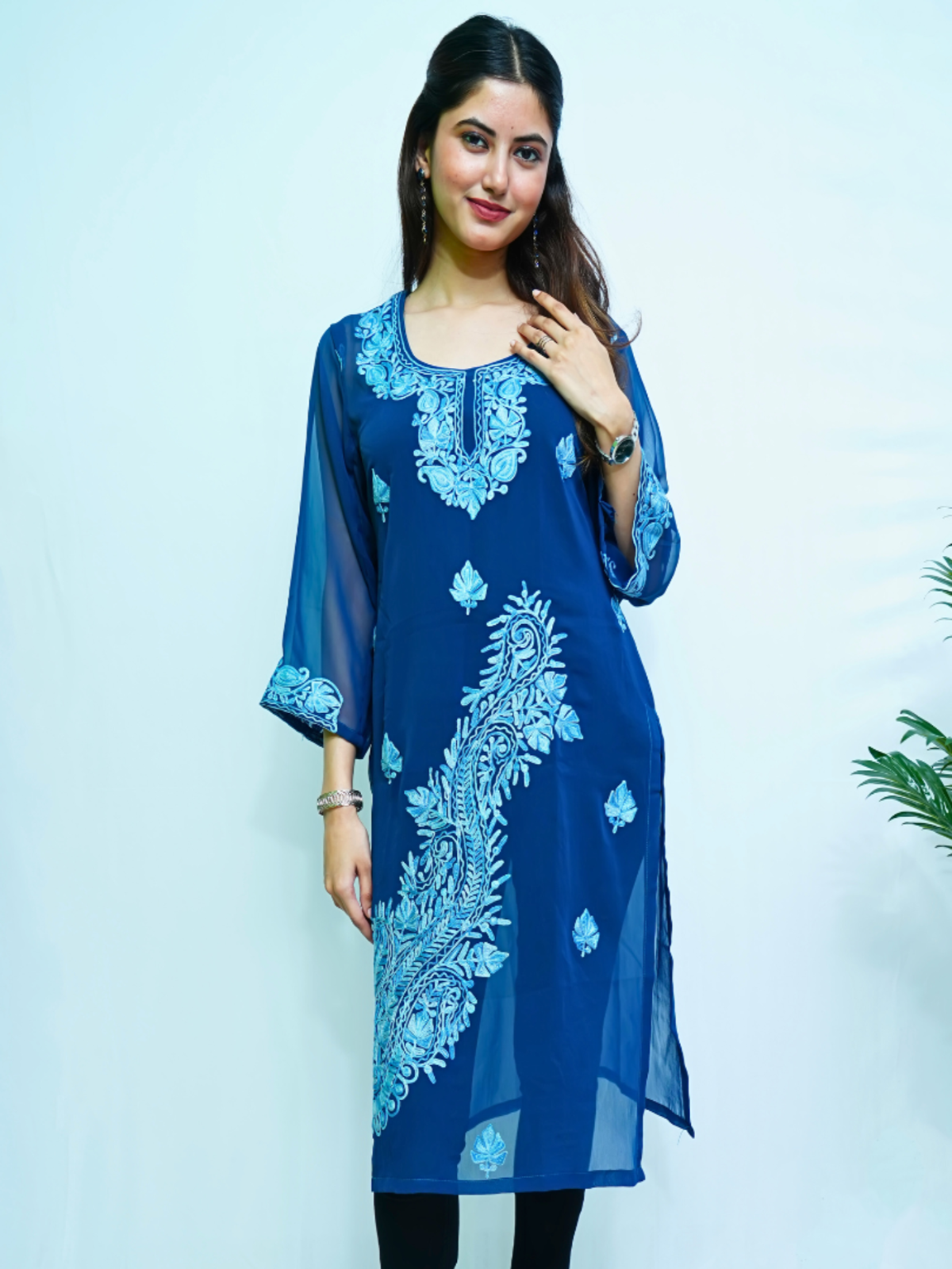 Noor Blue Kashmiri Embroidered Georgette Kurti