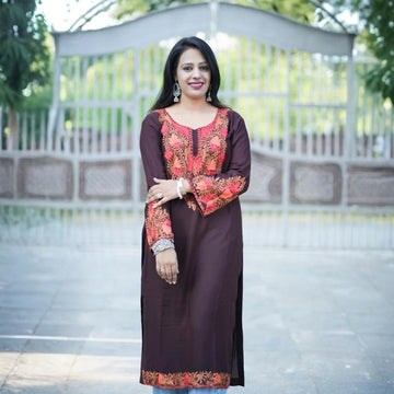Dark Brown Cotton Kashmiri Aari Embroidered Kurti
