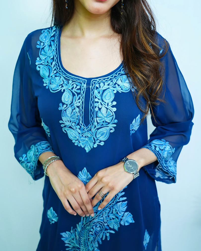 Noor Blue Kashmiri Embroidered Georgette Kurti