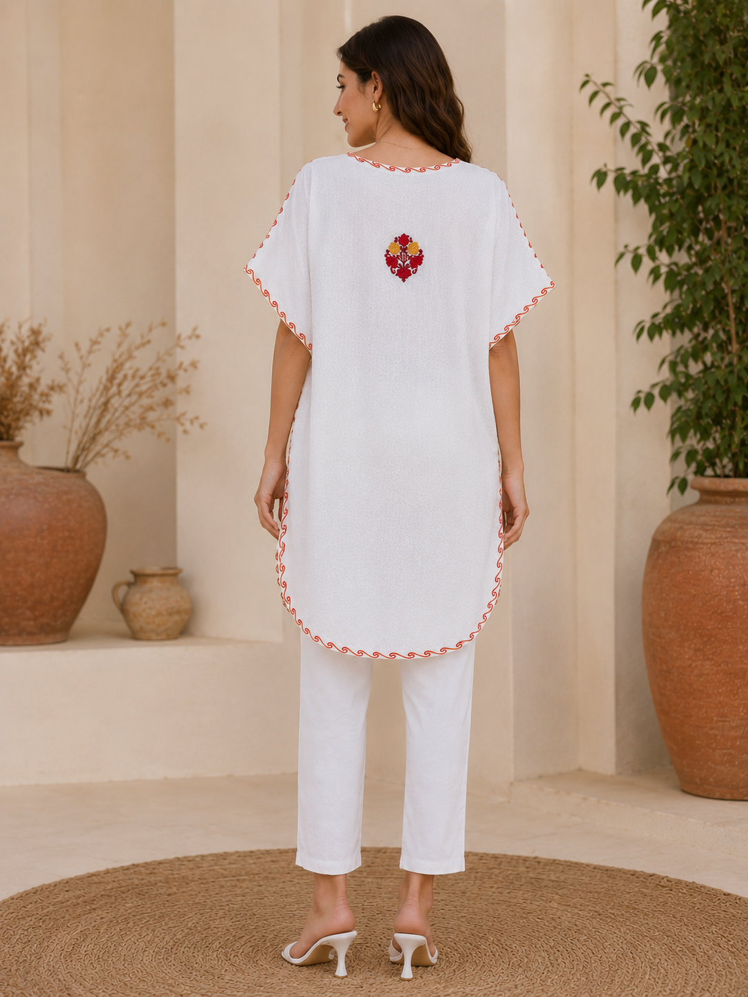 White Crush Cotton Kaftan – Multicolor Embroidery | All-Purpose Comfort Ethnic Wear Free Size