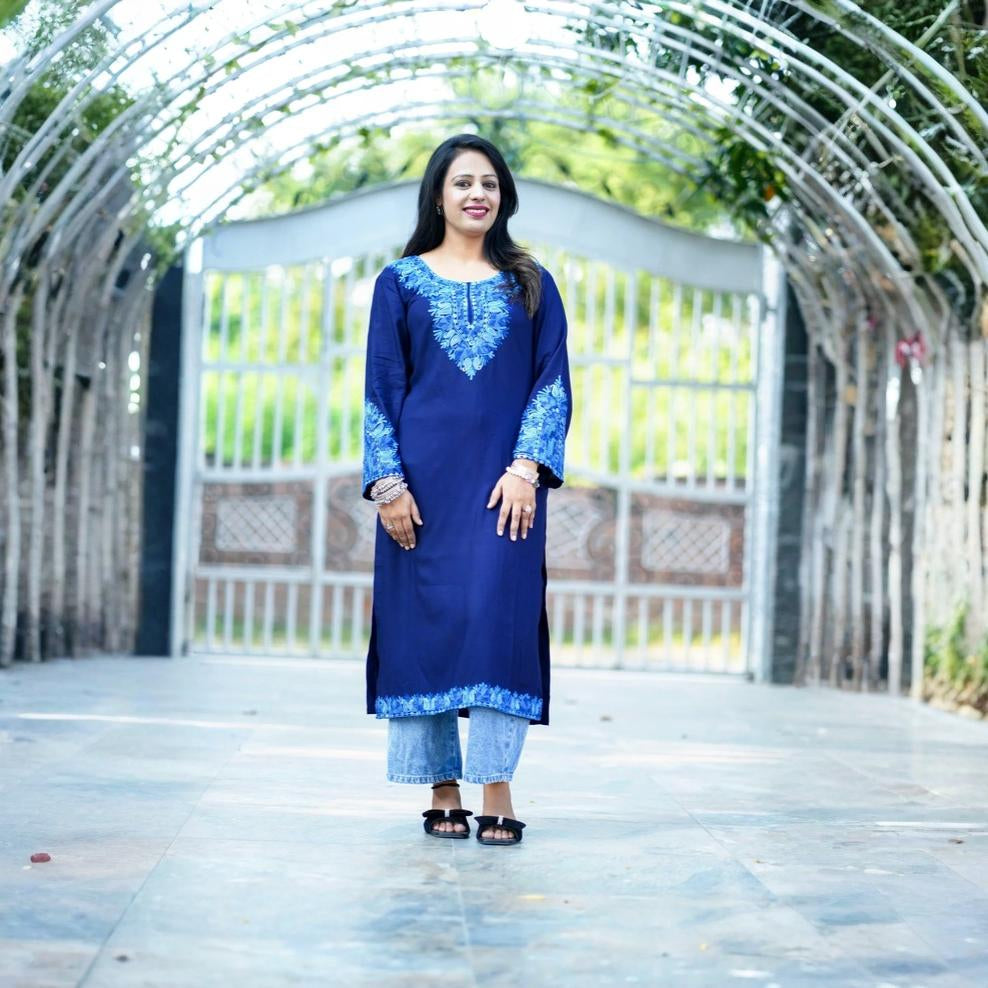 Navy Blue Cotton Kashmiri Aari Embroidered Kurti