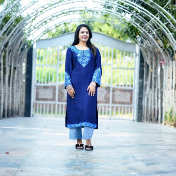 Navy Blue Cotton Kashmiri Aari Embroidered Kurti