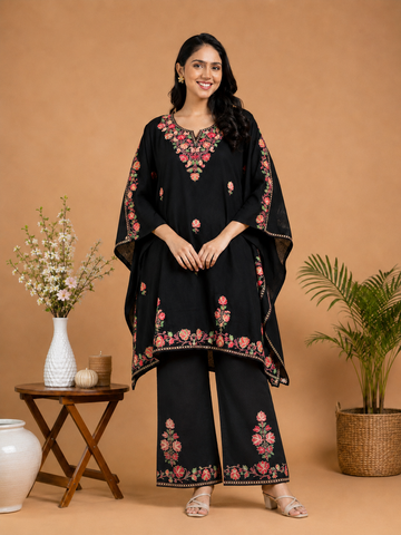 TOK Aari Embroidered Cotton Solid Women's 2PC Kaftan Set - Black