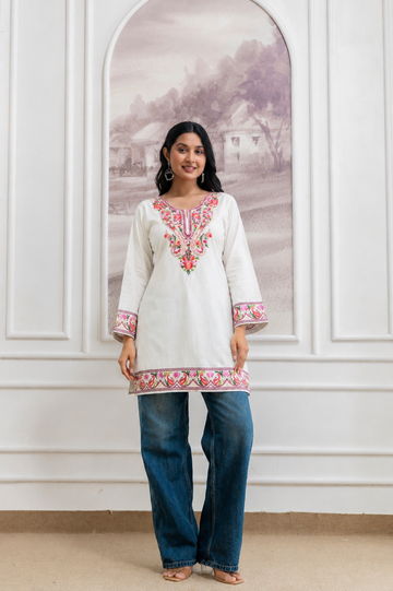 TOK Aari Embroidered Cotton Solid Women's Short Kurta - White