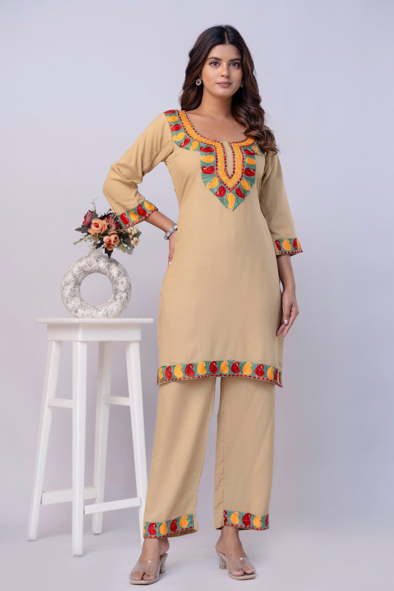TOK Aari Embroidered Cotton Solid Women's 2PC Co-ord Set - Beige