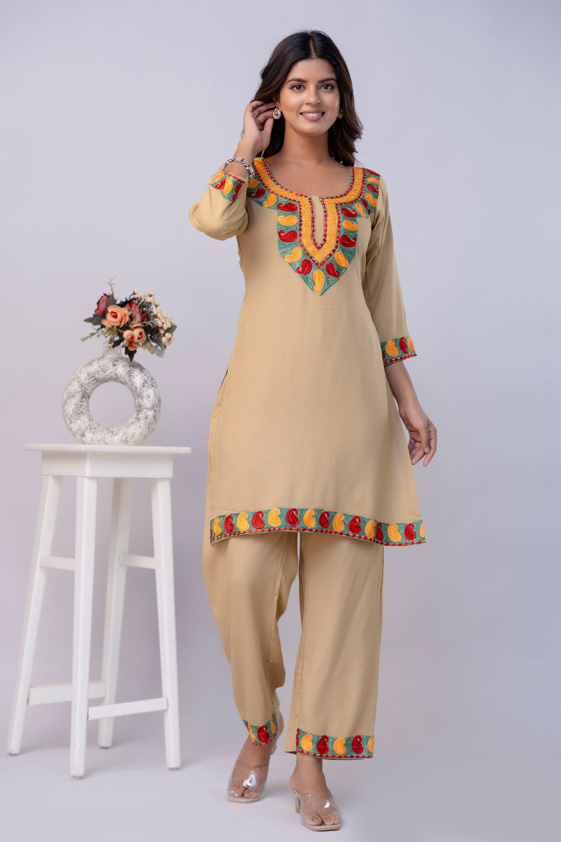 TOK Aari Embroidered Cotton Solid Women's 2PC Co-ord Set - Beige