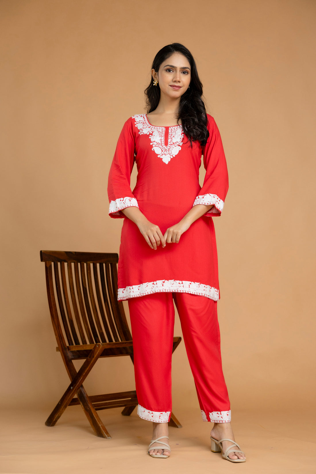 TOK Aari Embroidered Cotton Solid Women's 2PC Co-ord Set - Pink