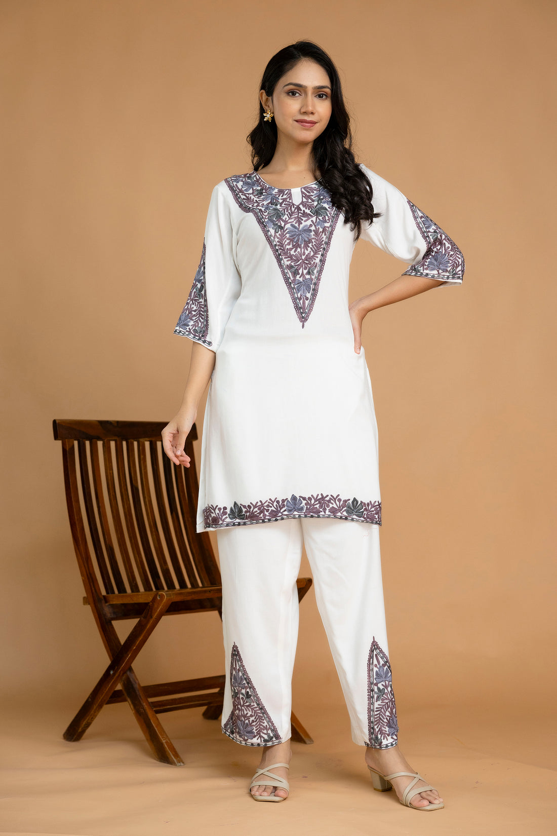 TOK Aari Embroidered Cotton Solid Women's 2PC Co-ord Set - Off White