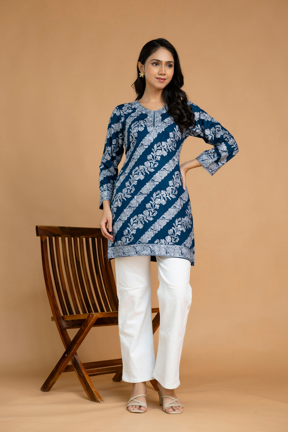 TOK Aari Embroidered Cotton Solid Women's Short Kurta - Blue